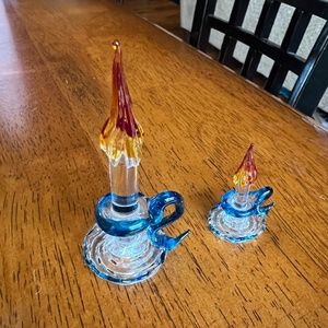 Vin. Mini Hand Spun Art Glass Orange Flame in Blue Candle Holder Chamber Style